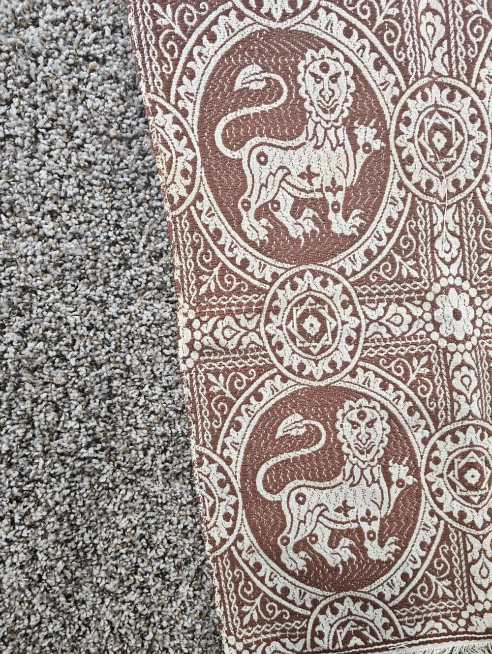 Vintage 1950s Woven Karabagh lion Table Runner Brown Cream Boho Indian 17x40